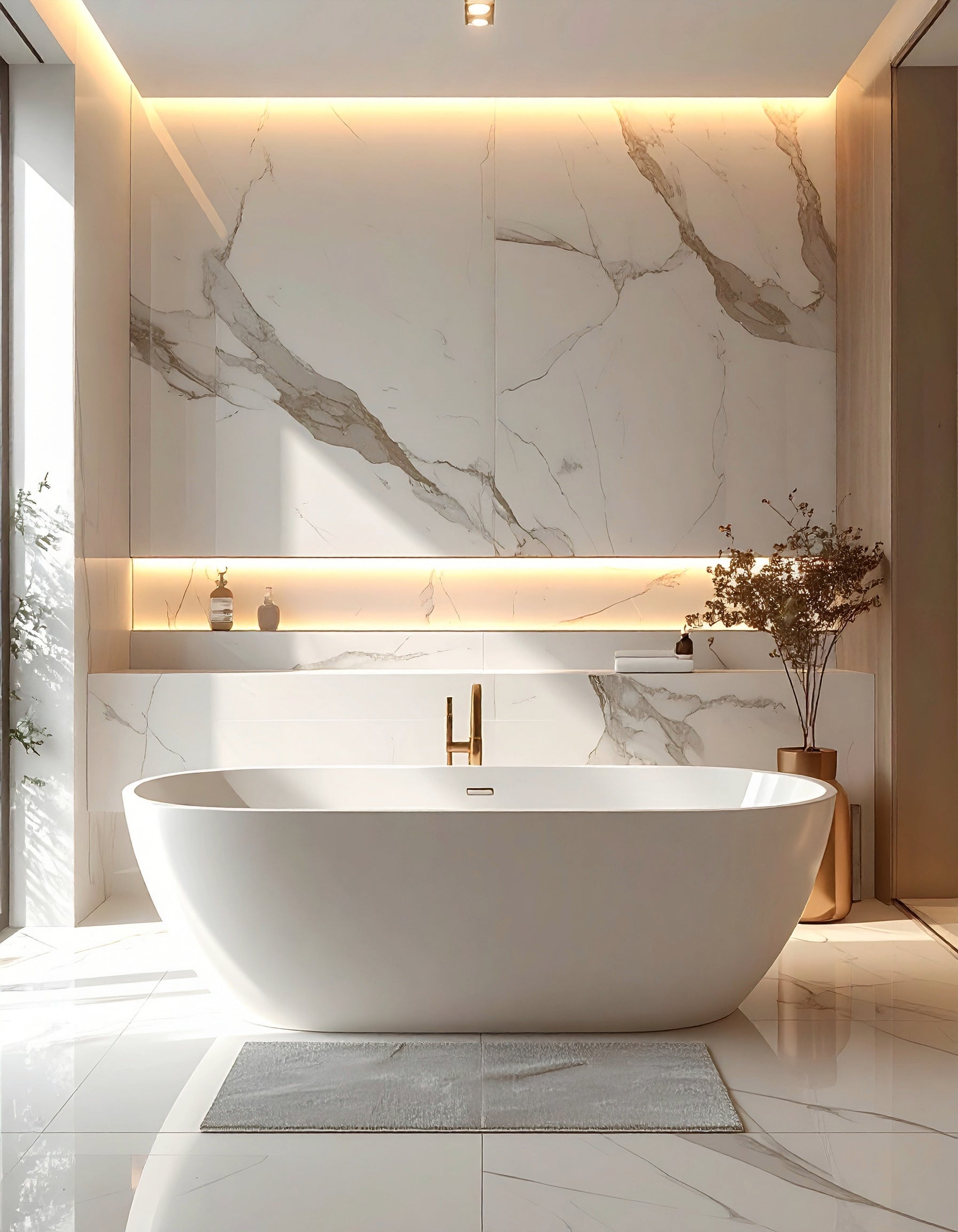 Modern bathroom with a freestanding bathtub, marble wall, and decorative elements.
