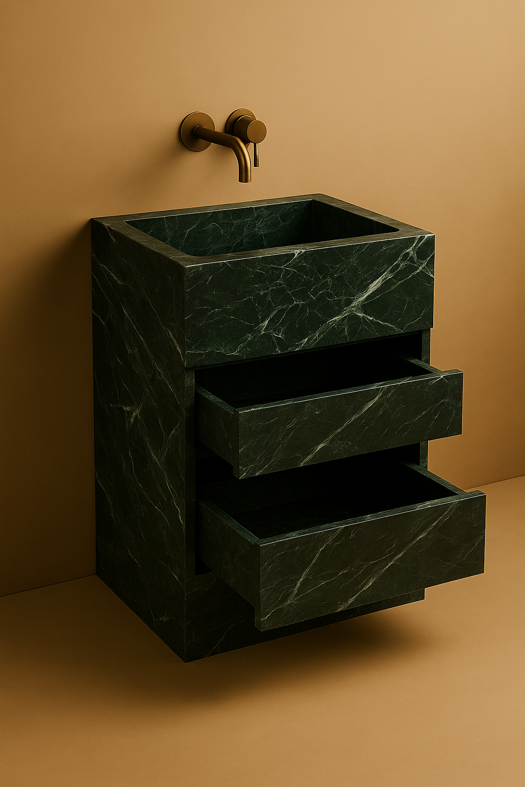 Green marble vanity with two drawers against a beige wall.