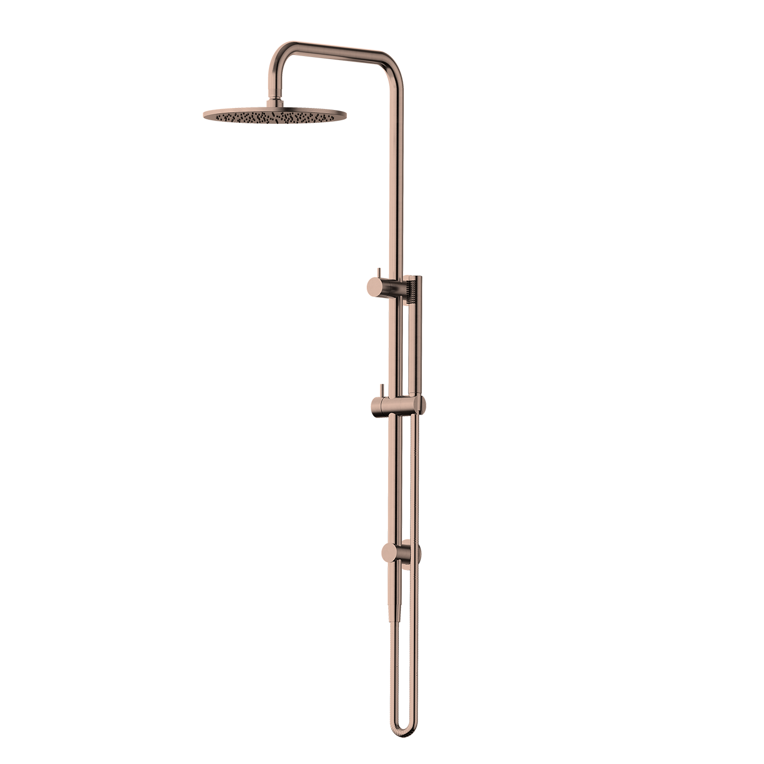 Rose gold shower head and handheld shower on a white background