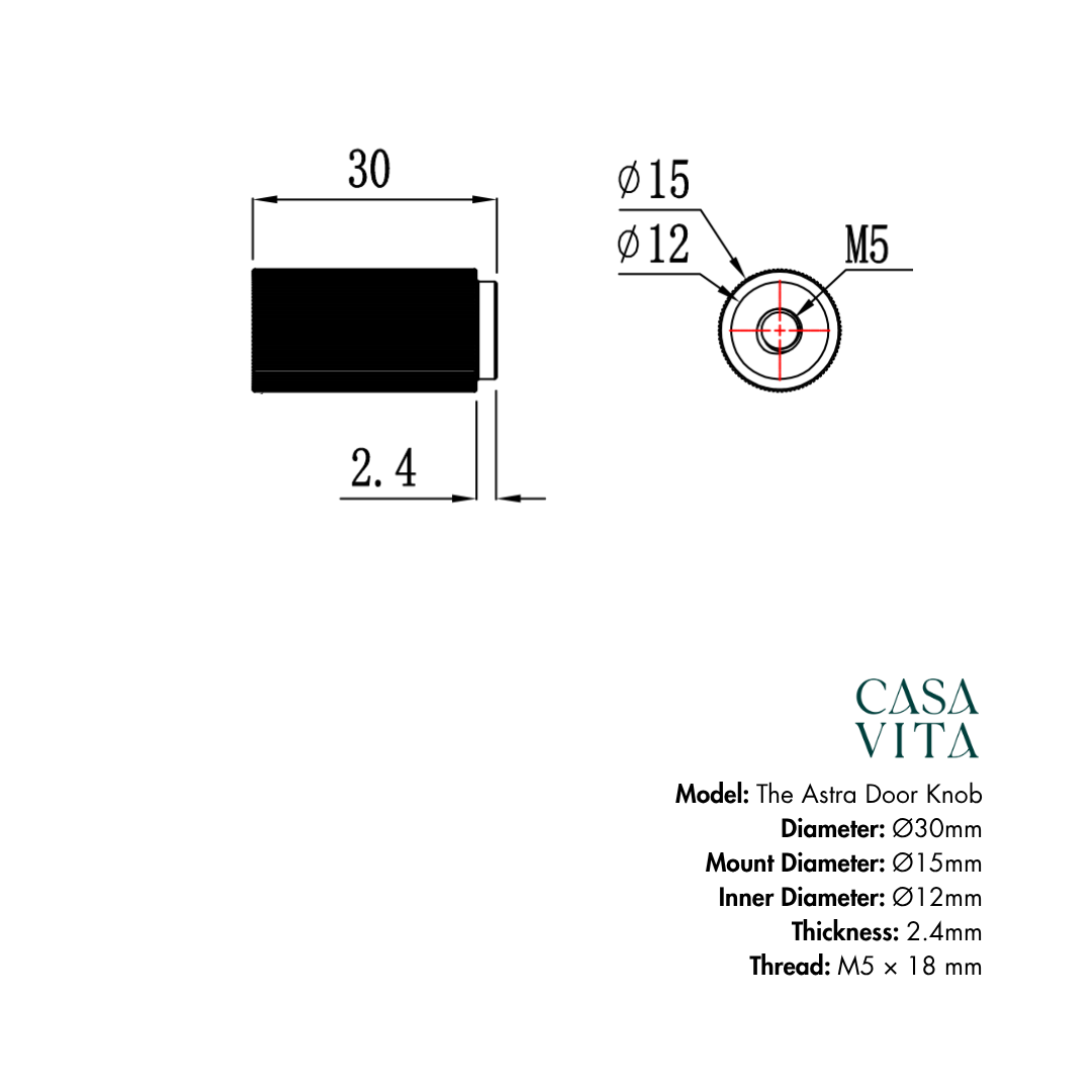 Technical drawing of a door knob with dimensions and Casa Vita branding.