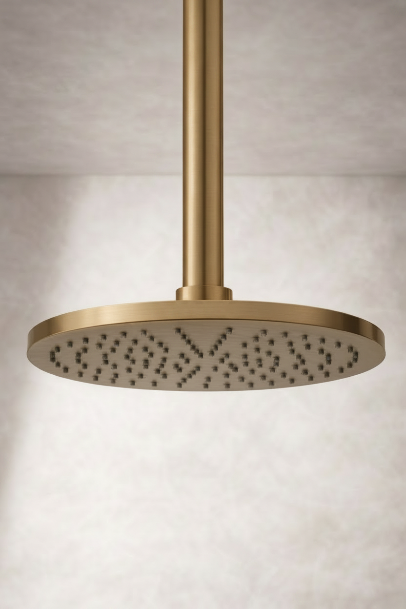 Antique brass shower head on a neutral background