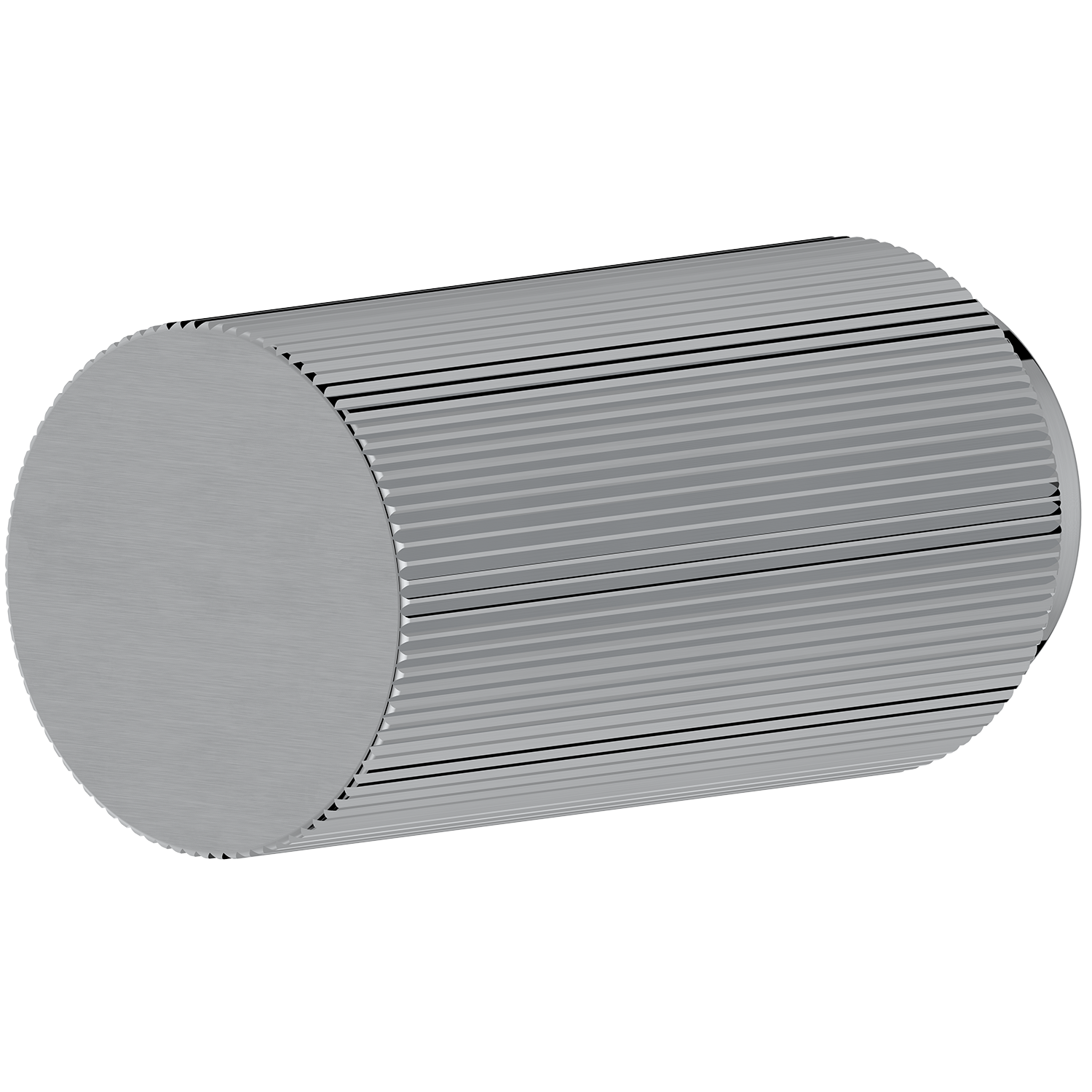 Brushed Nickel cylindrical door knob object with ribbed texture on a white background