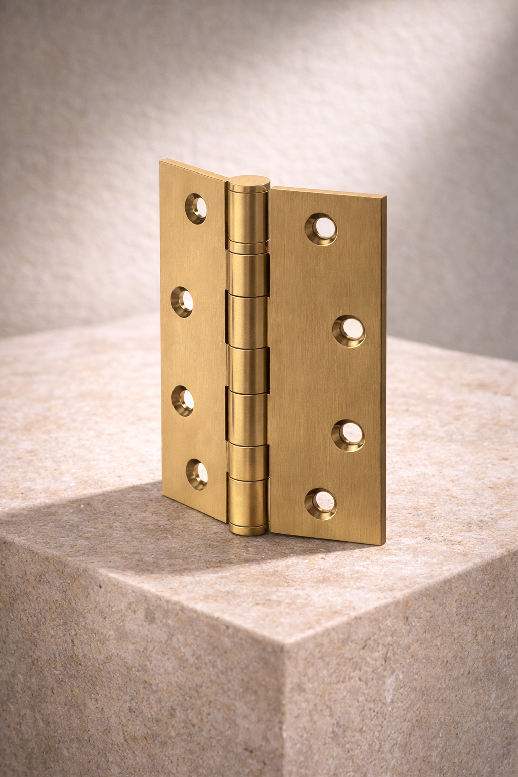 Gold metal hinge on a textured surface with a neutral background