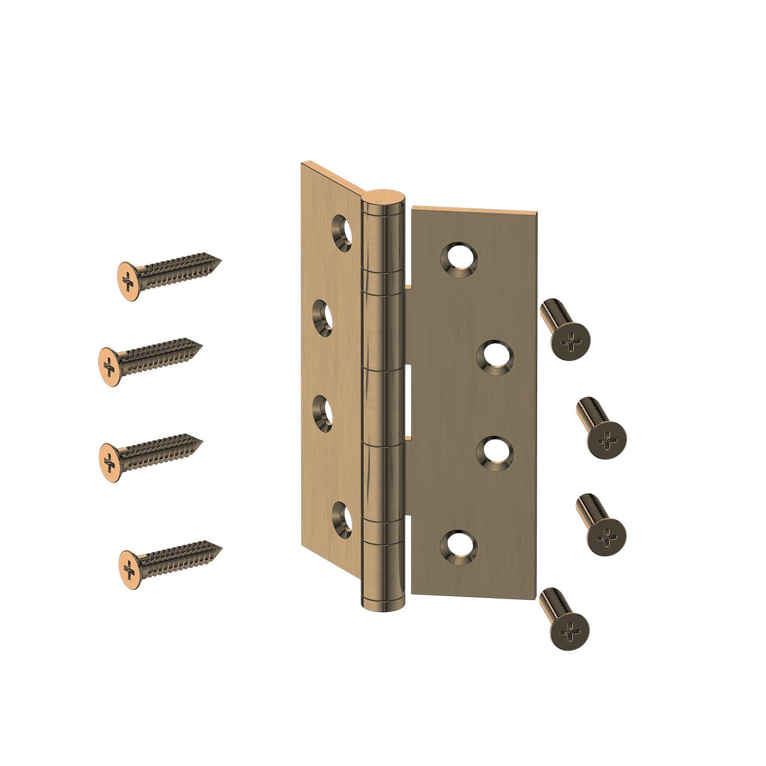 Antique brass hinge with screws on a white background
