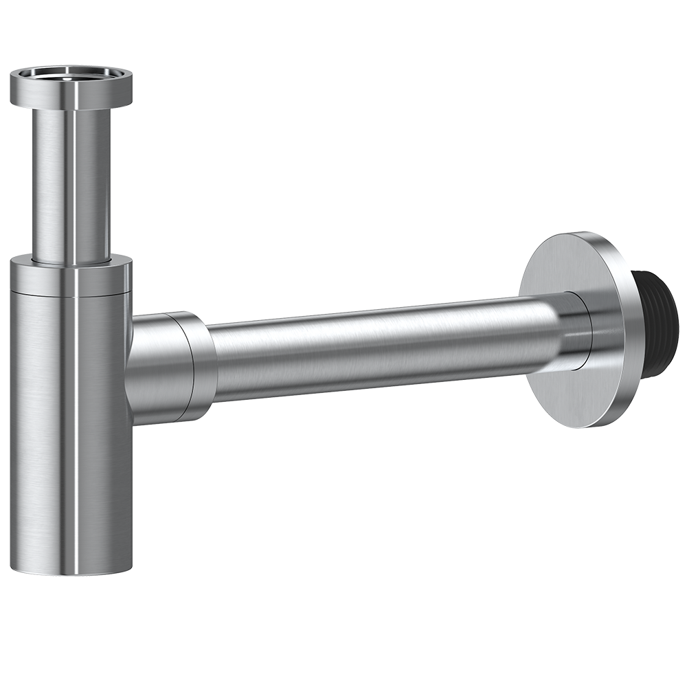 Stainless steel Brushed Nickel bottle trap drainage on a white background