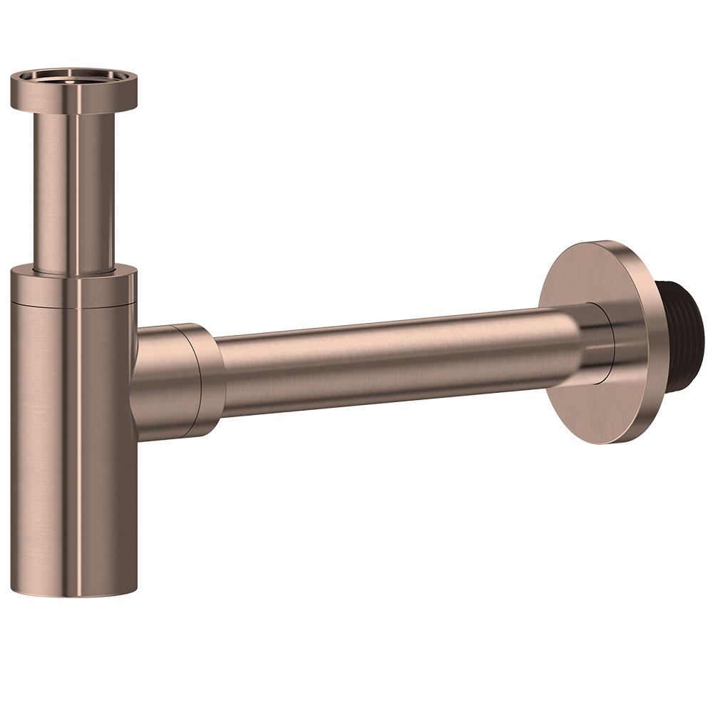 Rose Gold bottle trap drainage on a white background
