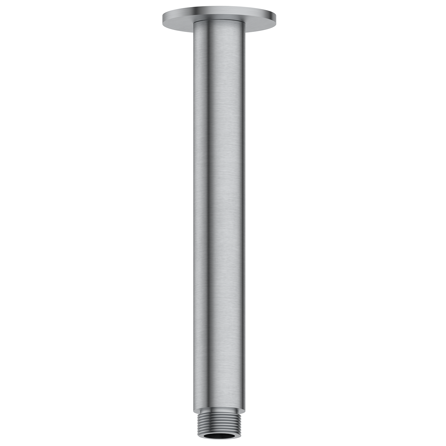 Brushed Nickel ceiling-mounted shower head on a white background
