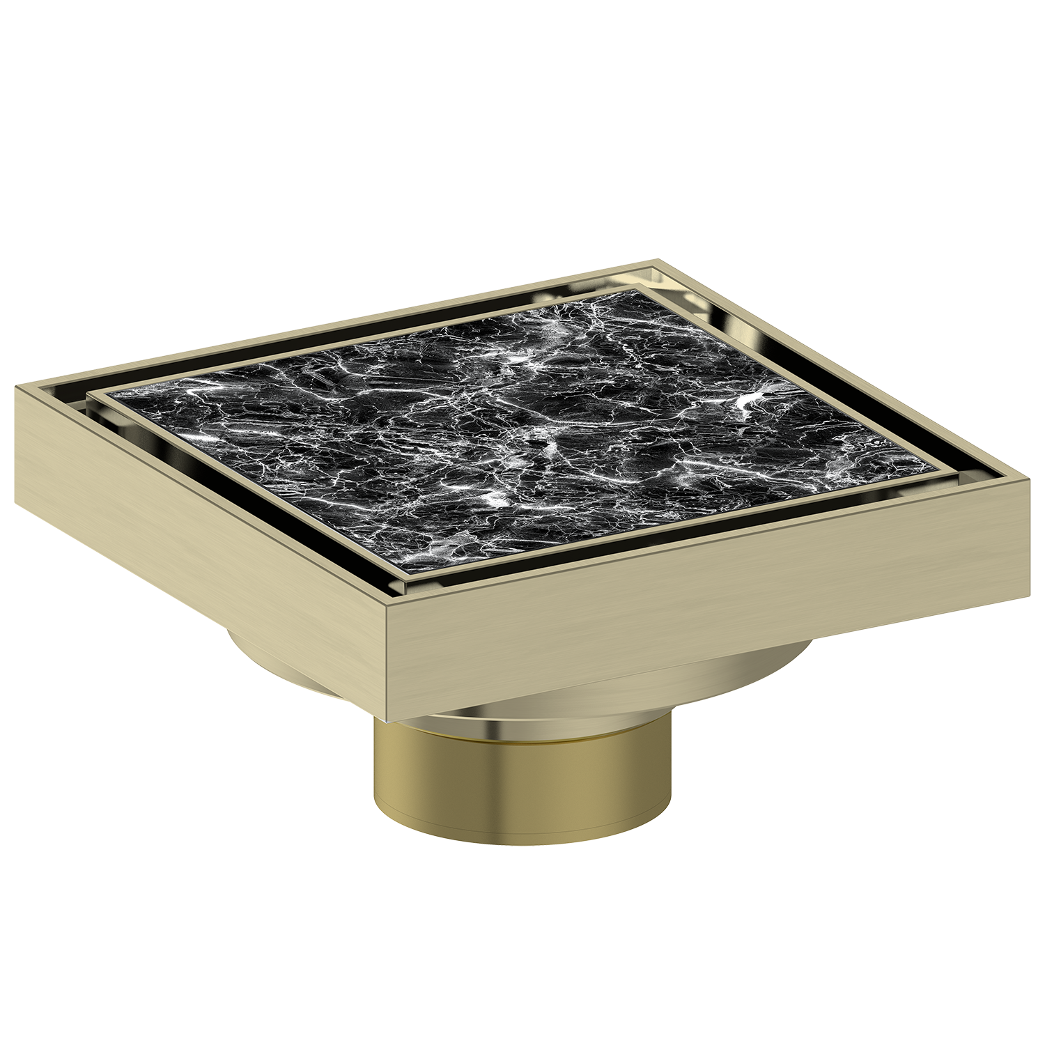 Square shower drain with marble-like cover and brushed gold frame on a white background