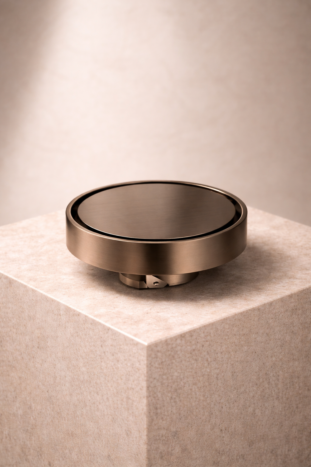 Antique brass-coloured circular shower floor drain object on a beige cube with a neutral background