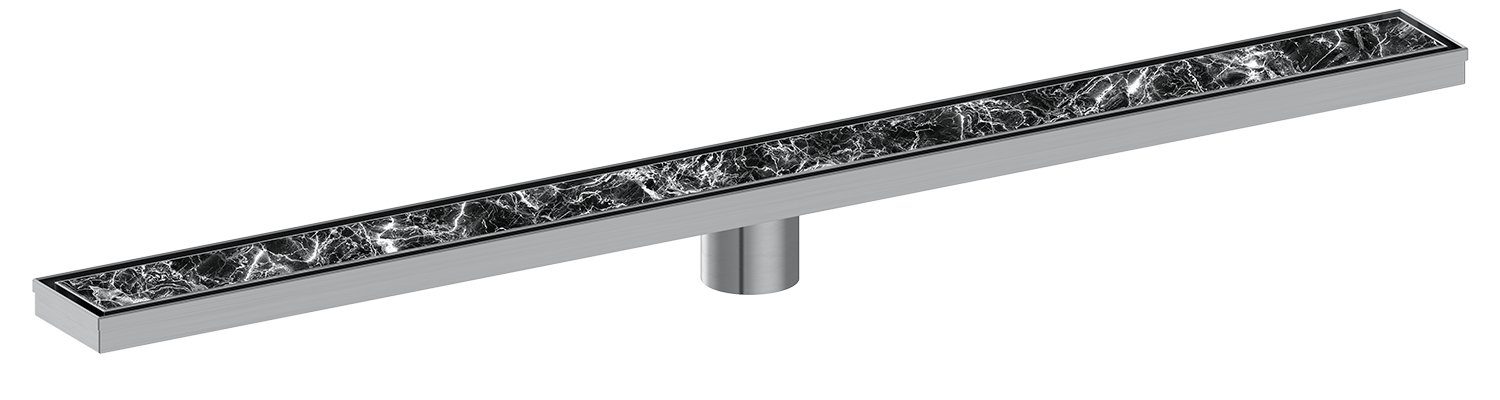 Long rectangular Brushed Nickel drain with decorative elements on a white background