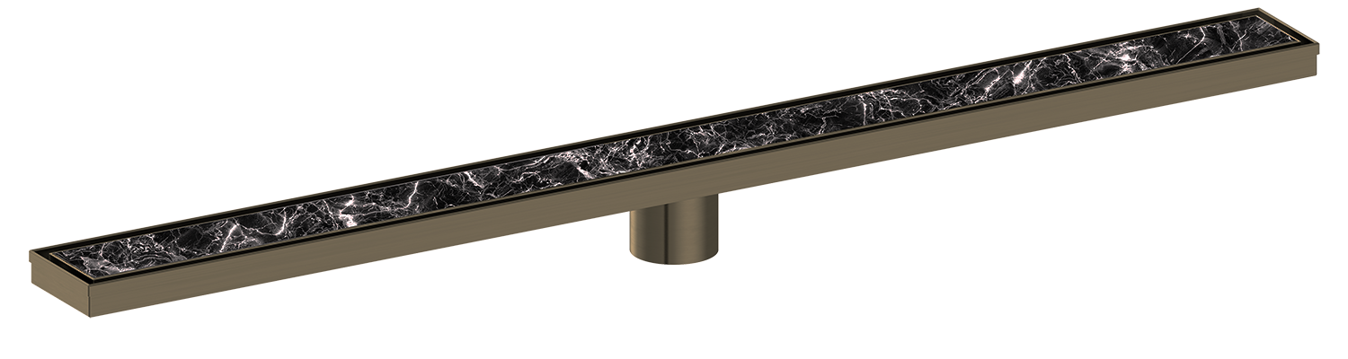 Long rectangular antique brass floor drain with decorative elements on a white background