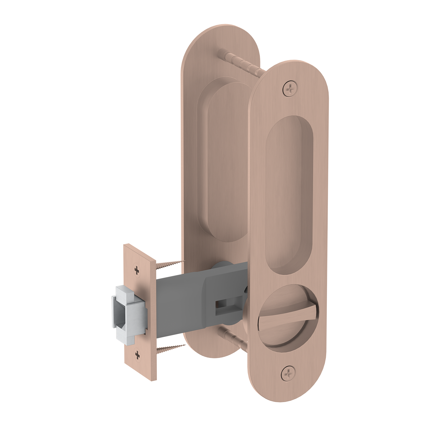 Rose gold door handle with lock mechanism on a white background