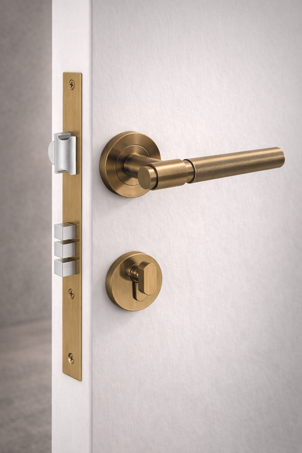 Brass door handle and lock on a white door