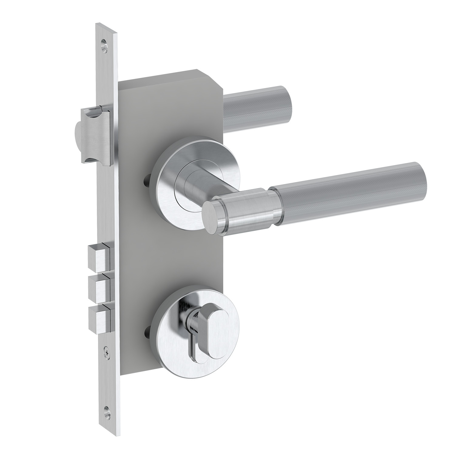 Chrome door handle and lock mechanism on a white background