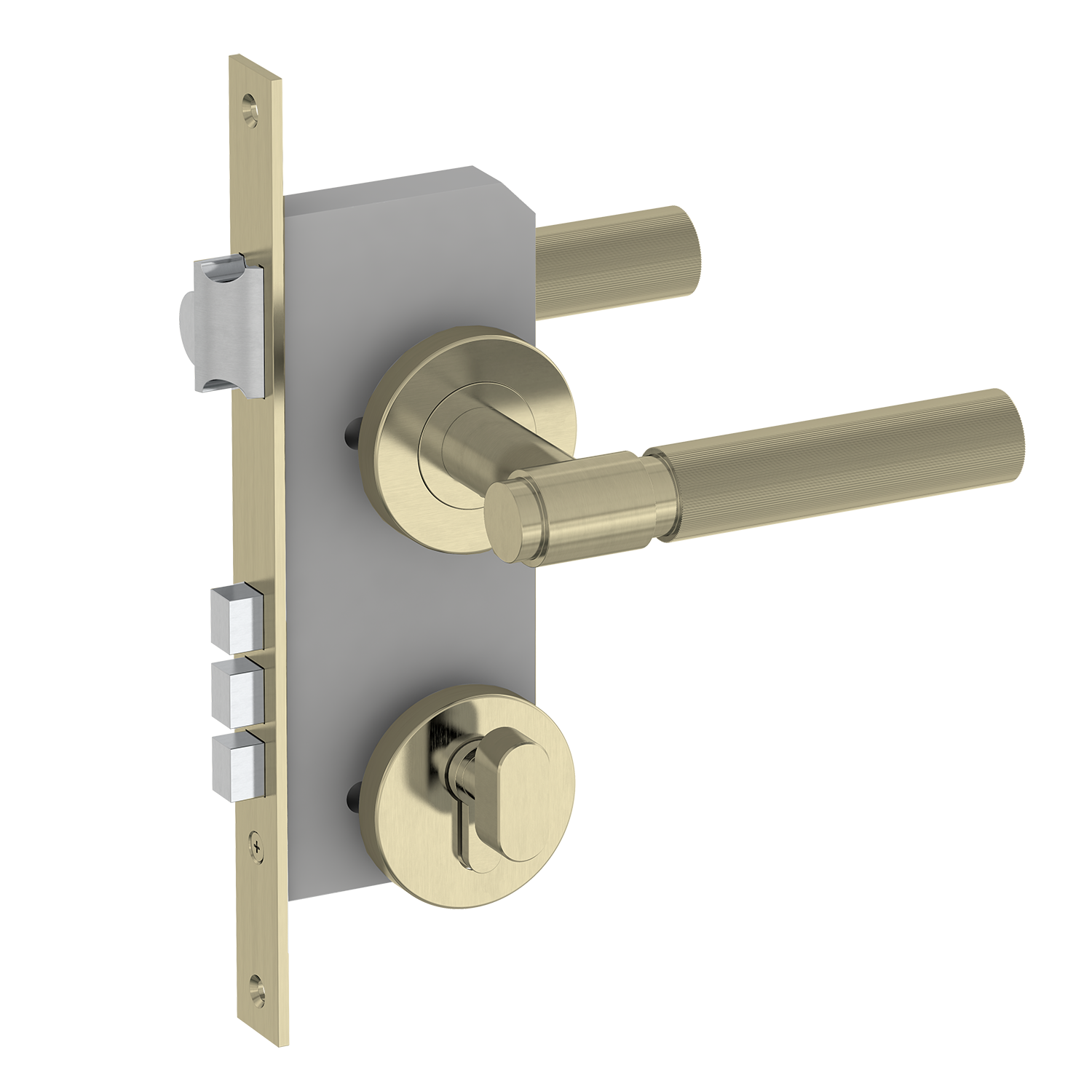 Gold door handle and lock mechanism on a white background