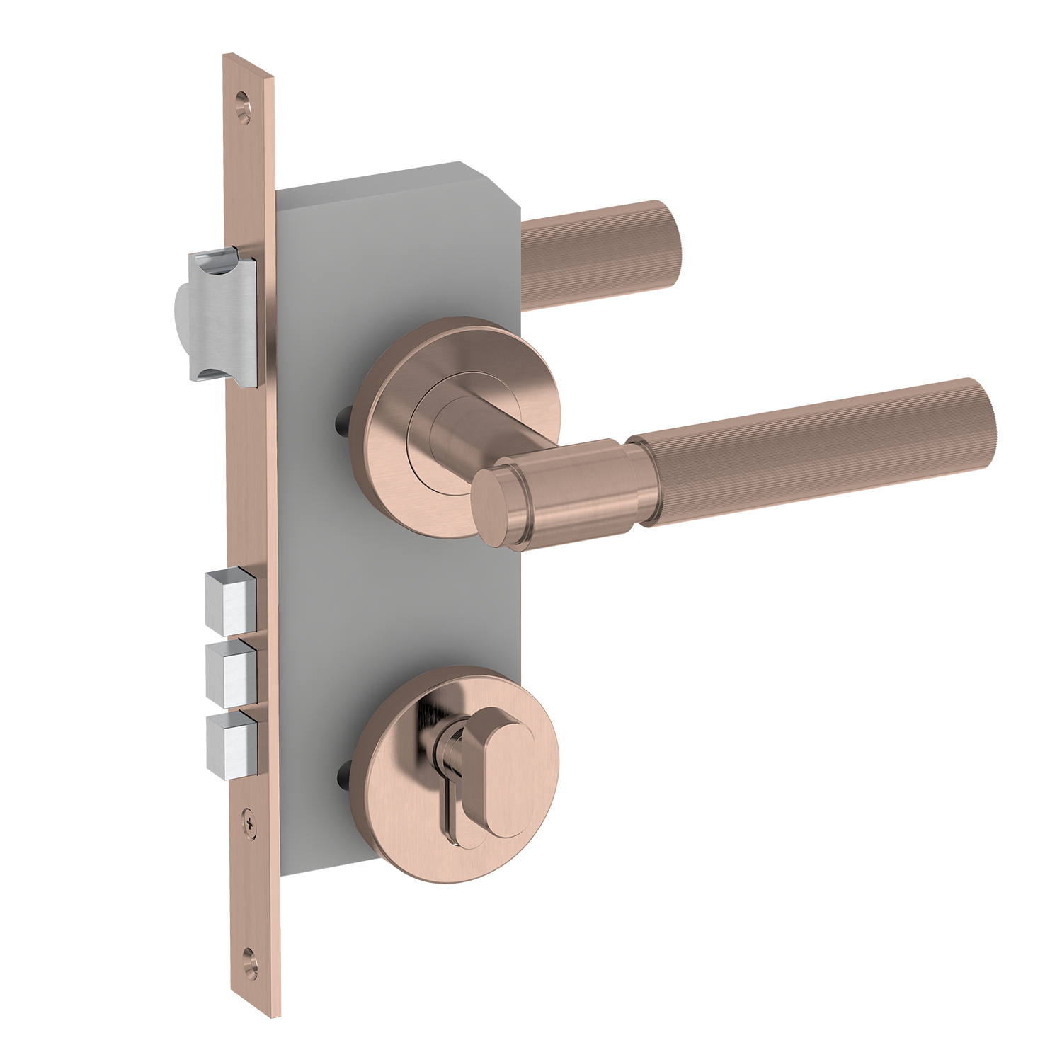 Rose gold door handle and lock mechanism on a white background