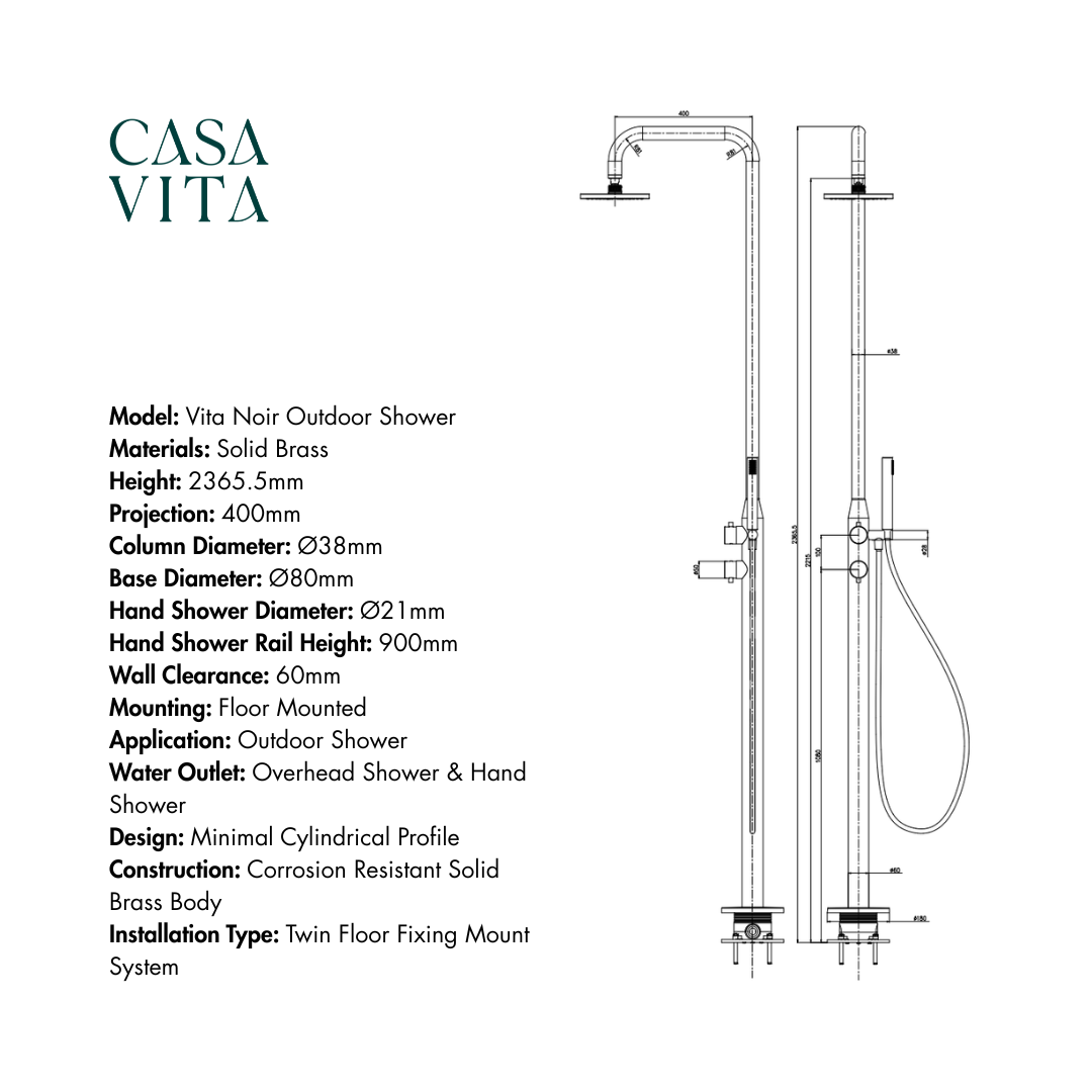 Vita Noir Outdoor Shower In Brushed Finish