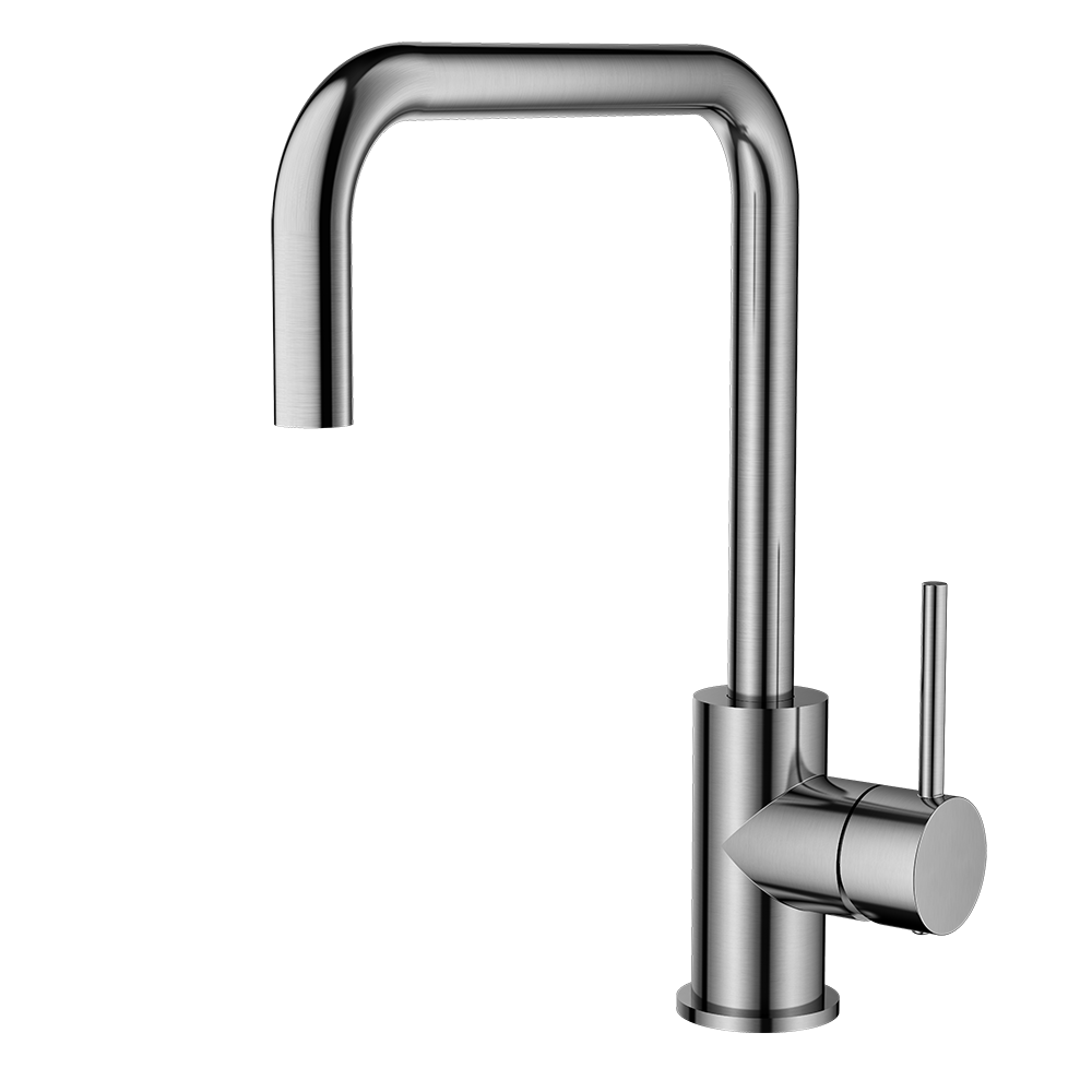 Brushed Nickel kitchen faucet on a white background