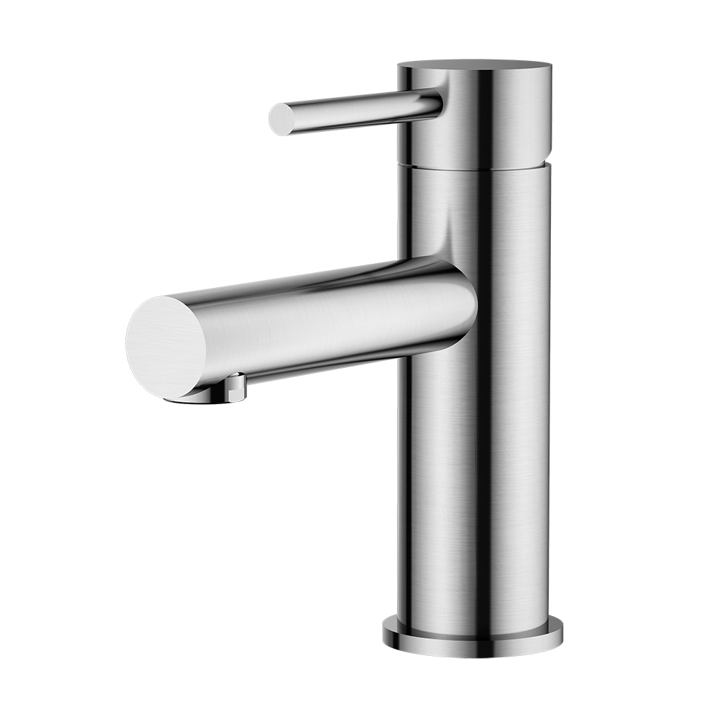 Brushed Nickel bathroom faucet on a white background