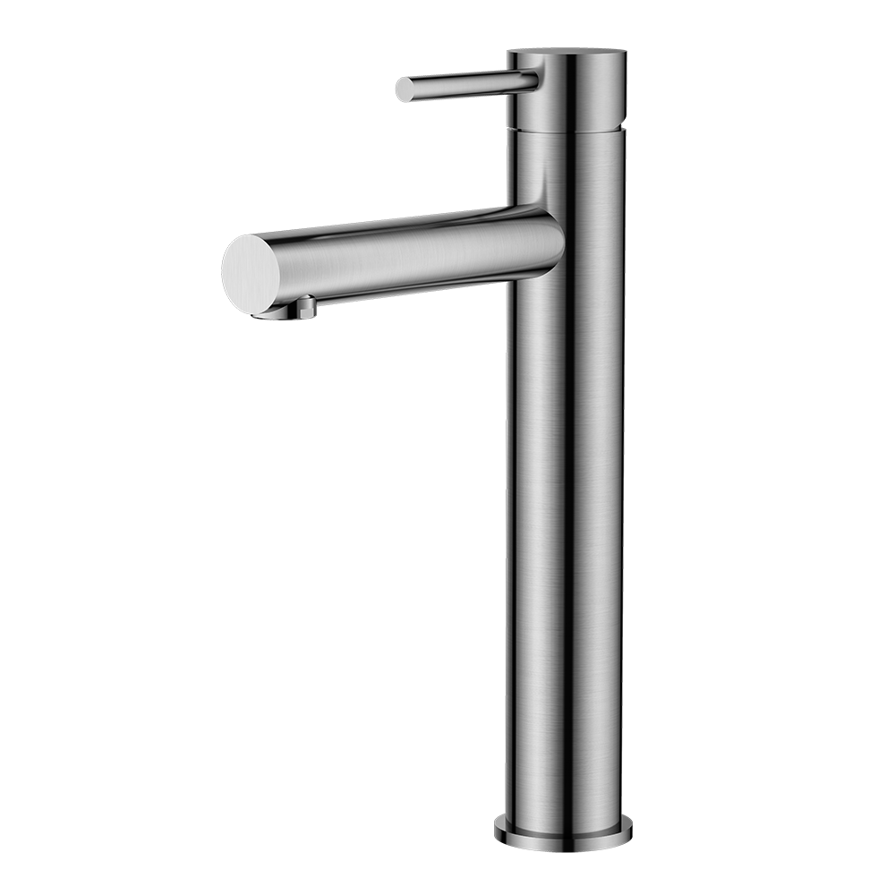 Brushed Nickel bathroom faucet on a white background