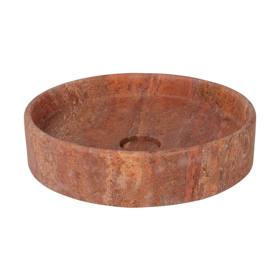 Red Travertine round stone sink on a white background