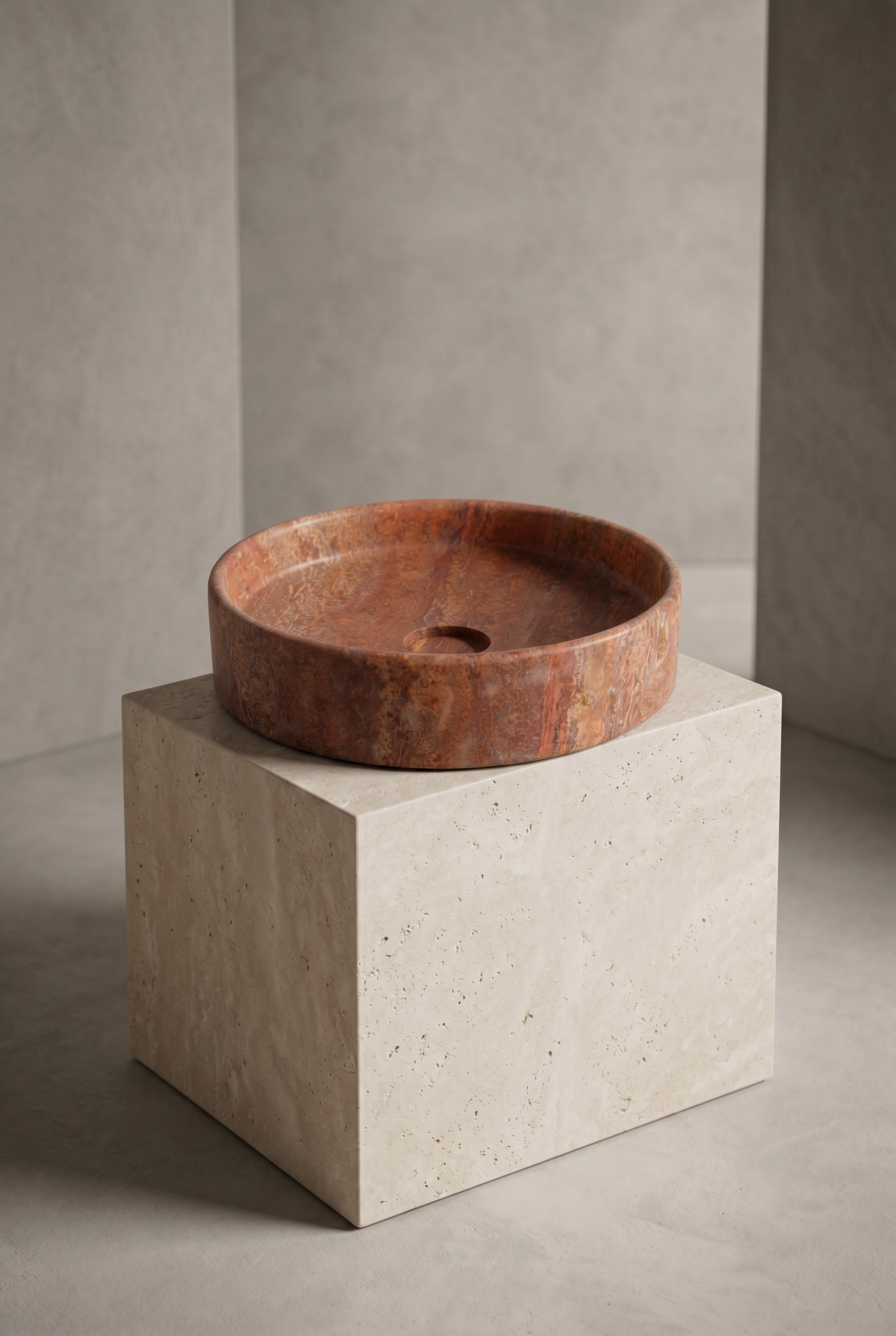 Red Travertine coloured basin on a concrete pedestal against a neutral background