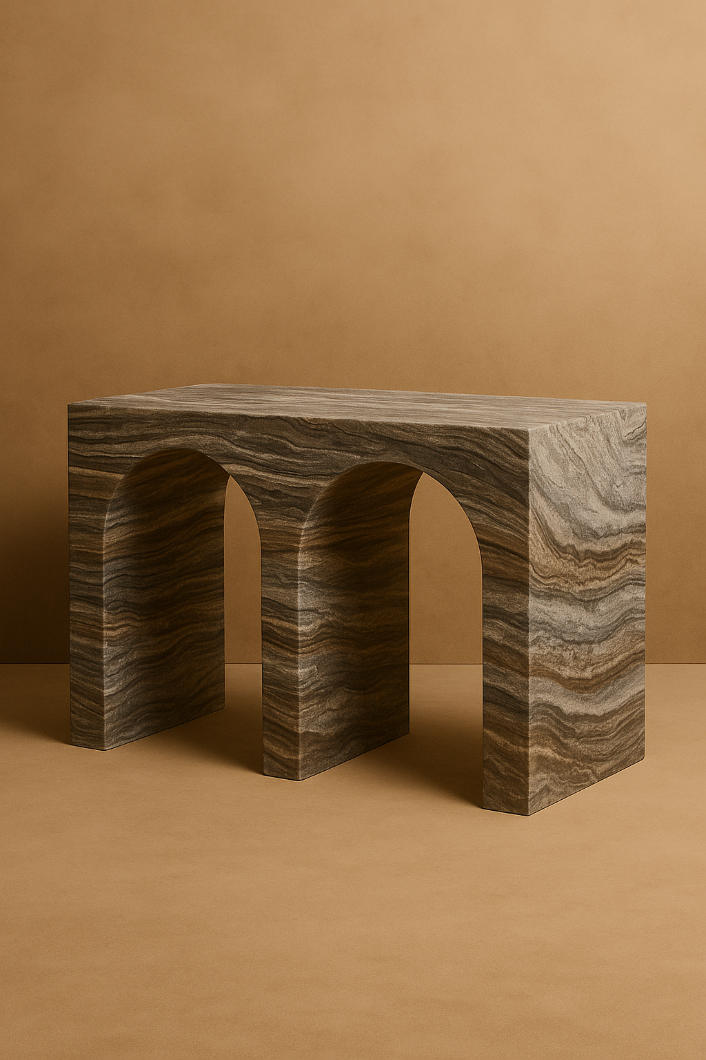 Marble-patterned bench against a brown background