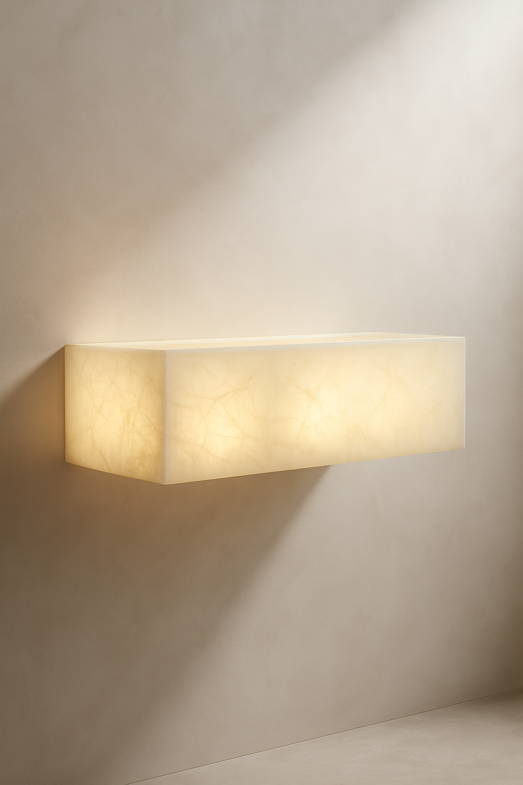 Rectangular clear quartz vanity with internal light fixture on a neutral wall