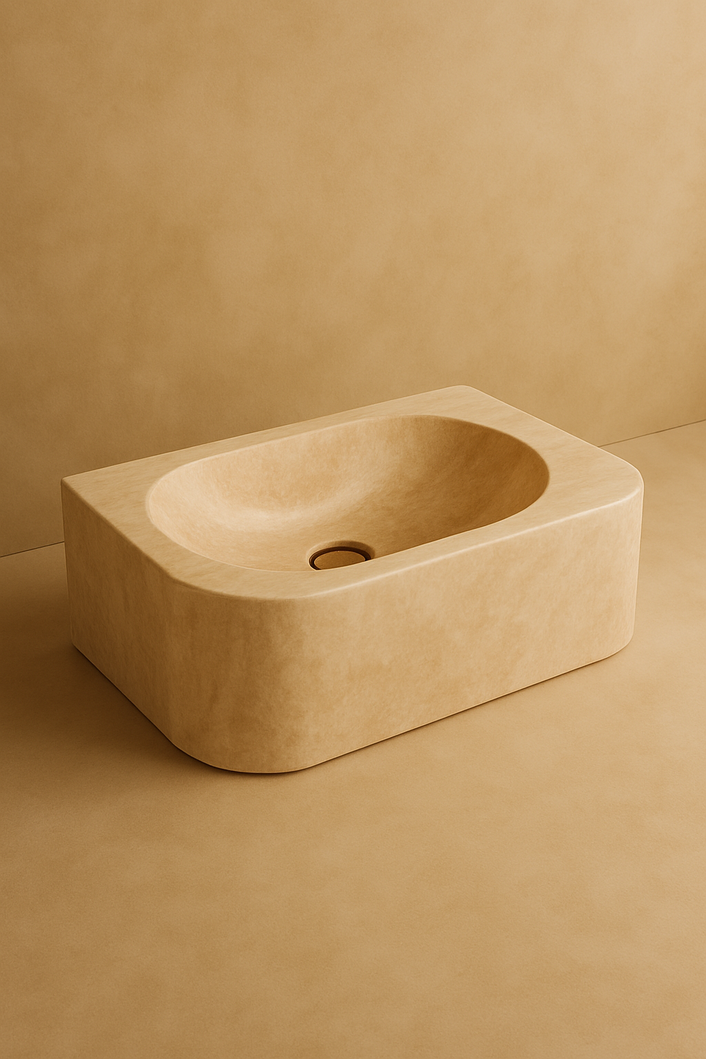 Beige stone sink against a matching beige wall