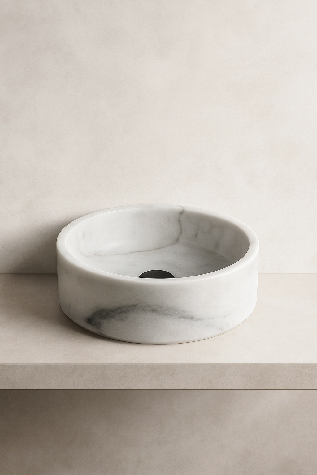 Marble-patterned ceramic sink on a light beige countertop