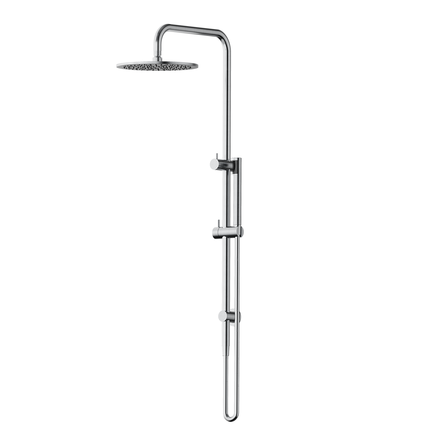 Brushed Nickel shower head with handheld shower on a white background
