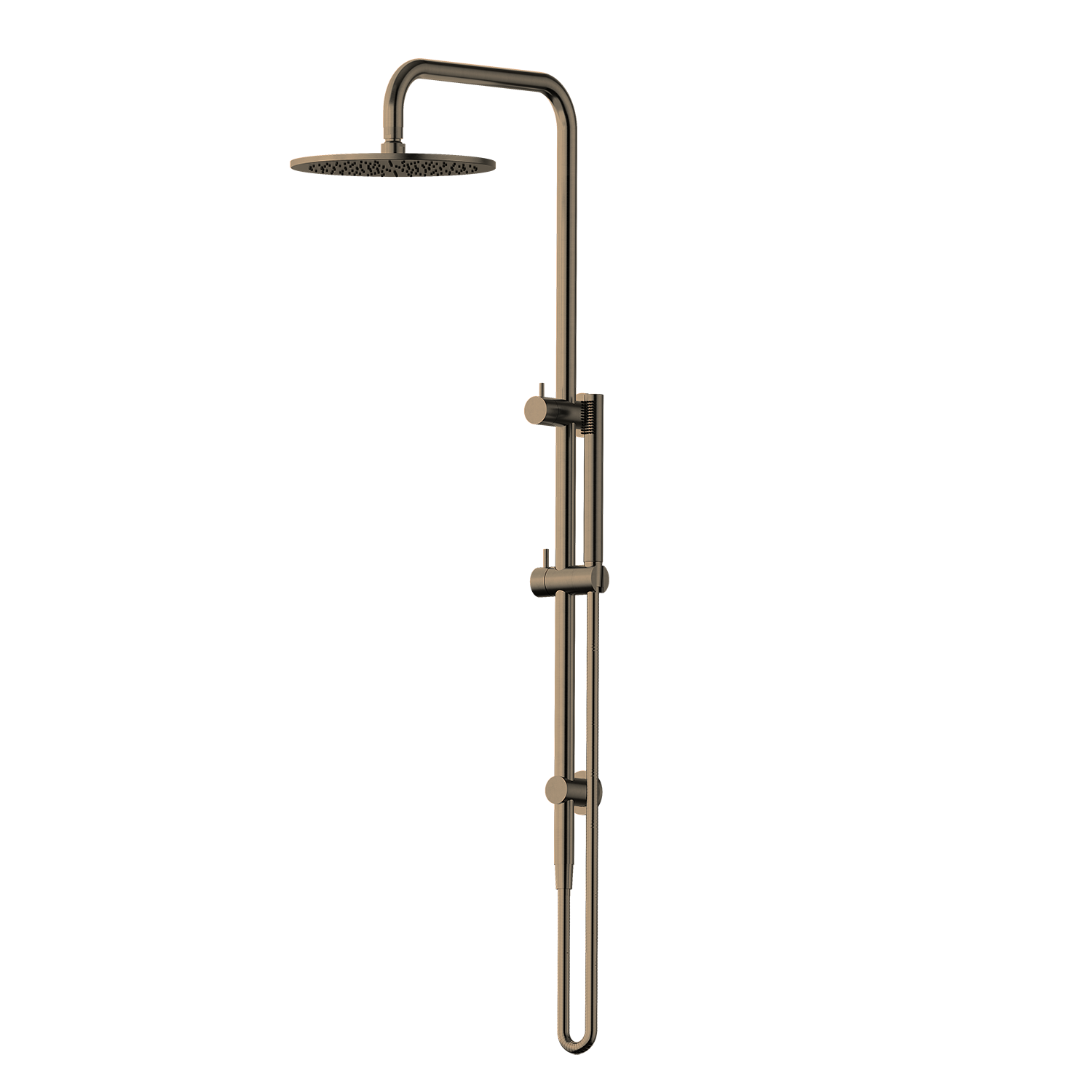 Antique Brass shower head with control handle on a white background