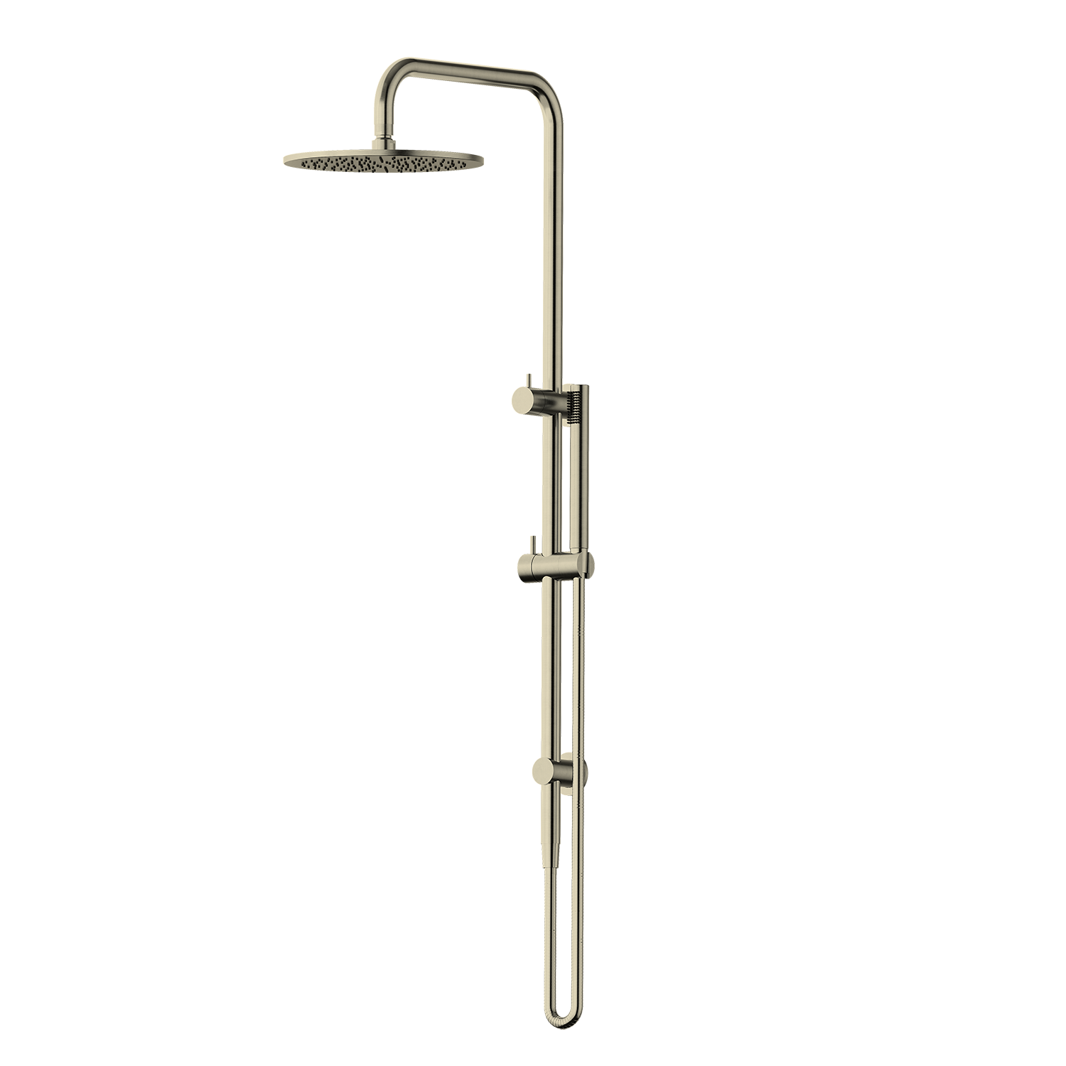 Brushed Gold shower head with adjustable arm on a white background