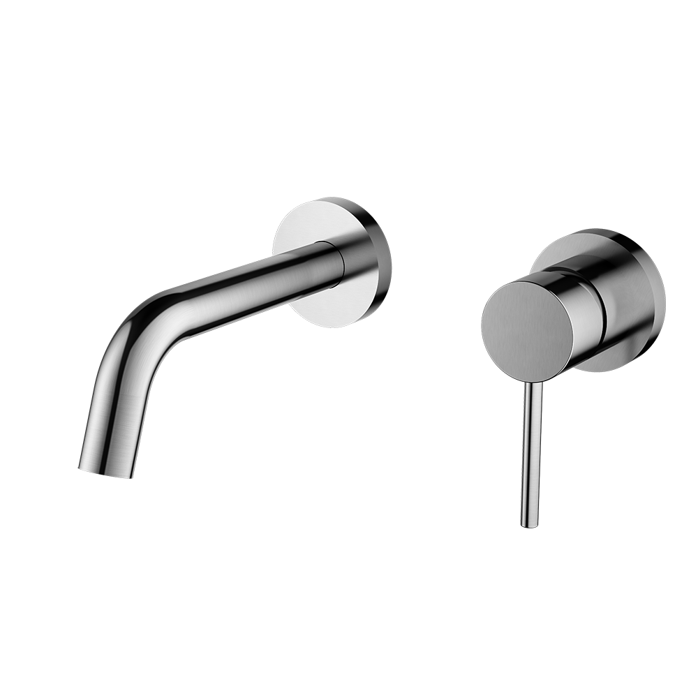 Chrome wall-mounted faucet and handle on a white background