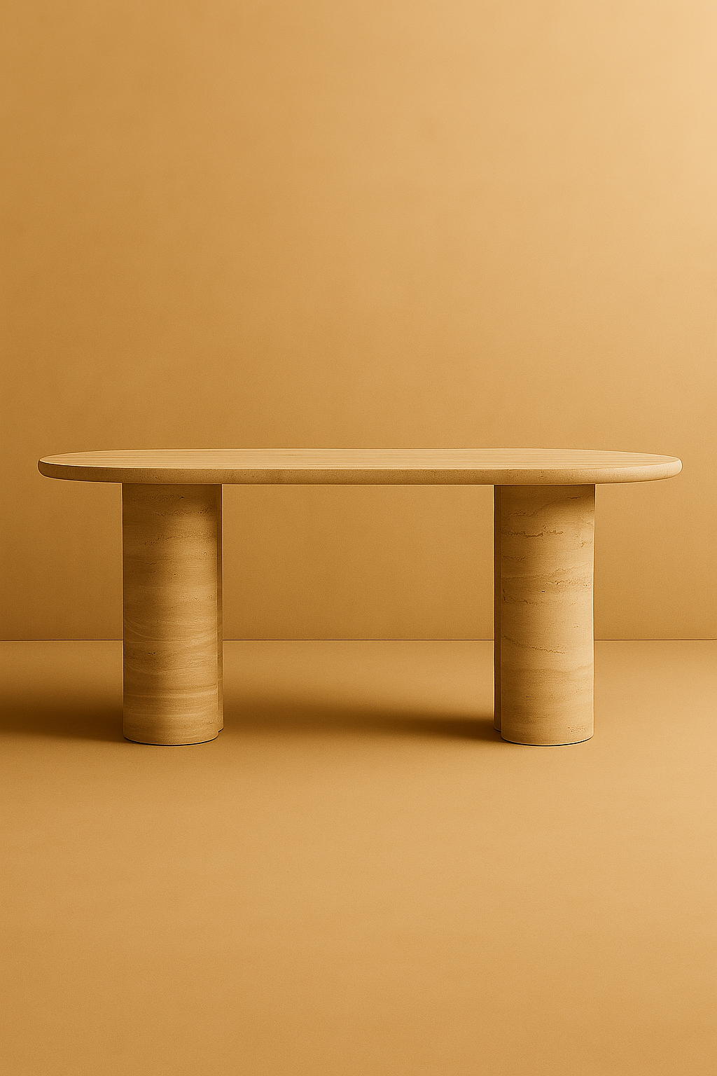 Beige table with cylindrical legs against a matching beige wall