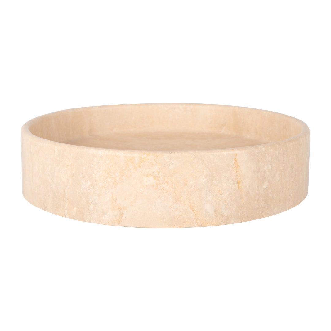 Round beige stone bowl on a white background