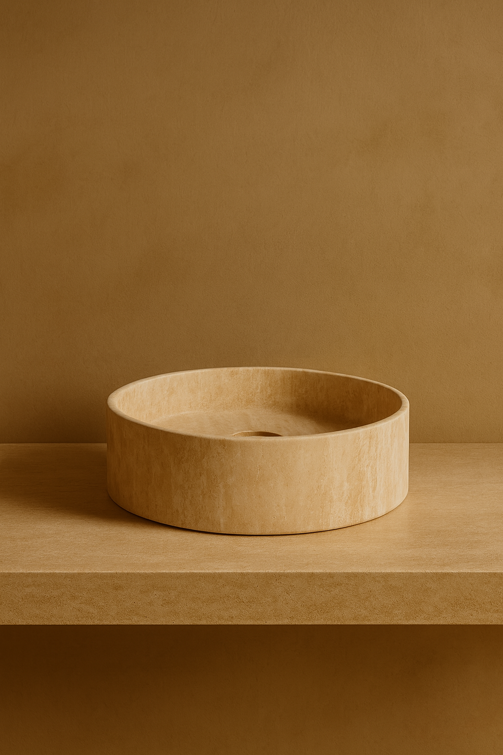 Round beige stone bowl on a matching brown surface with a brown background