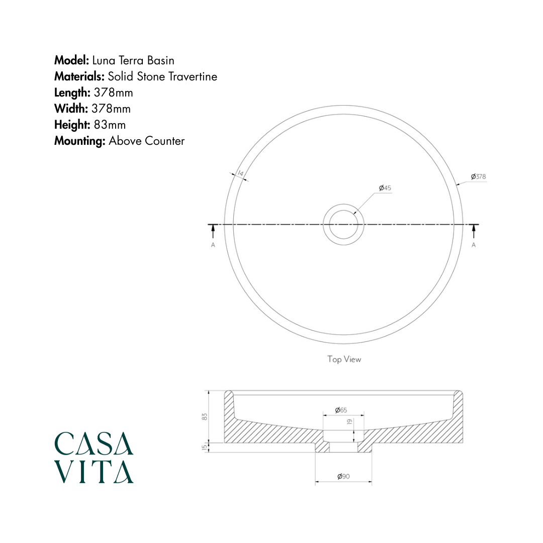 Technical drawing of Luna Terra Basin with dimensions and Casa Vita branding.