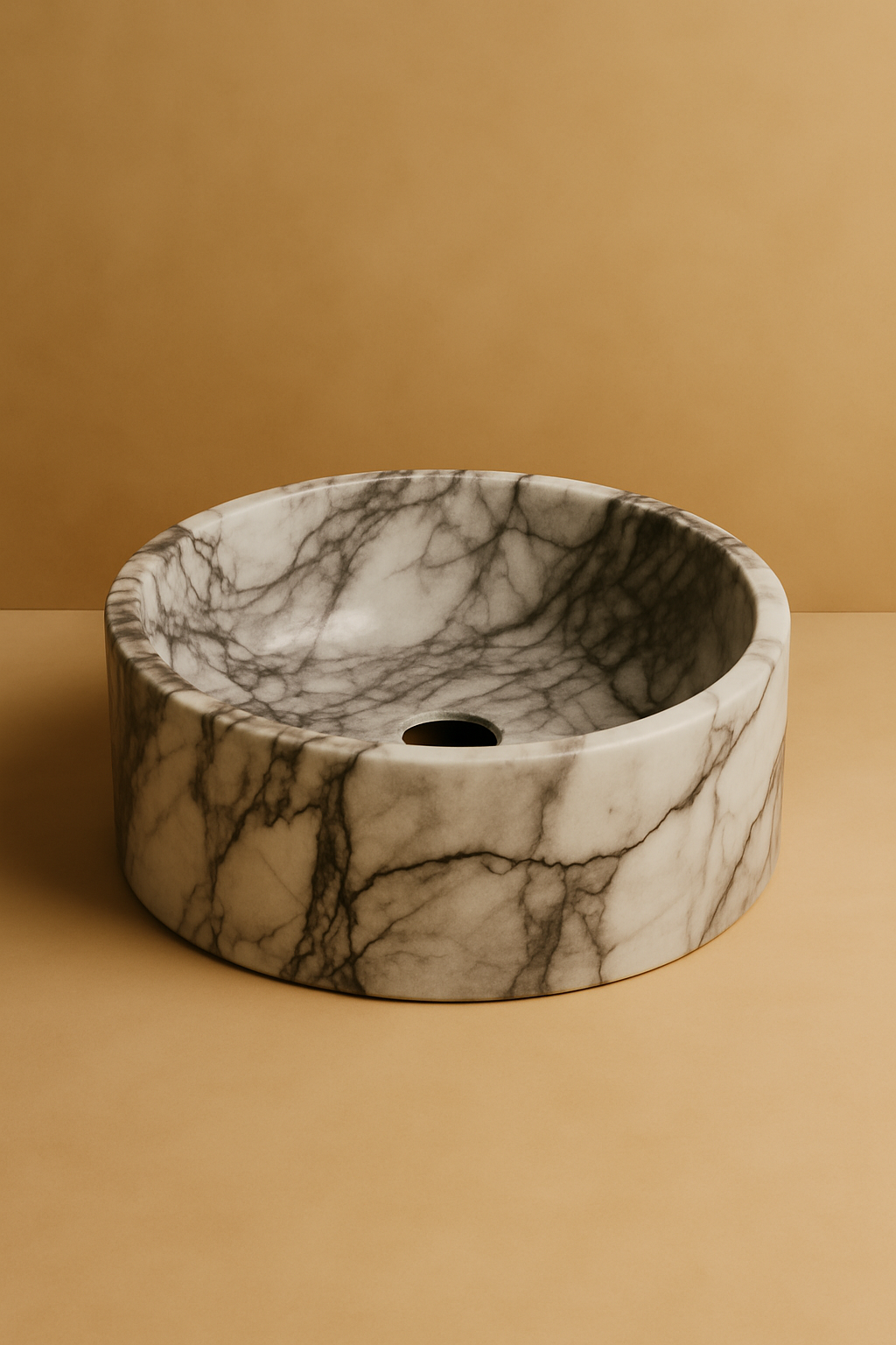 Marble-patterned ceramic sink on a beige background
