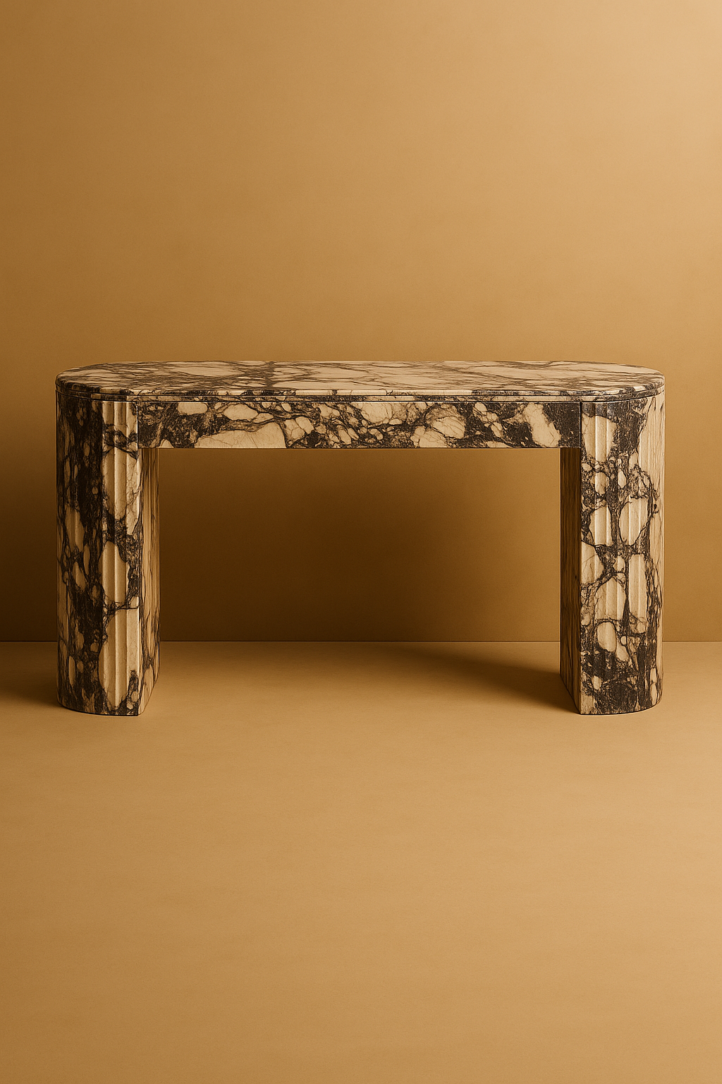 Marble-patterned console table against a beige wall