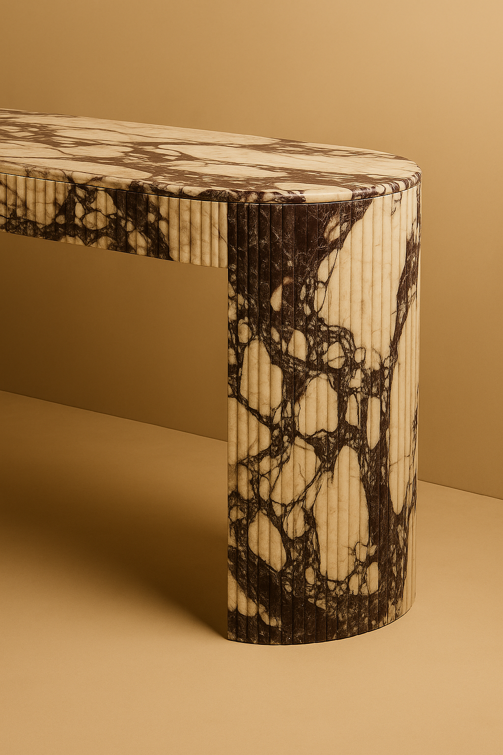 Marble-patterned console table against a beige wall