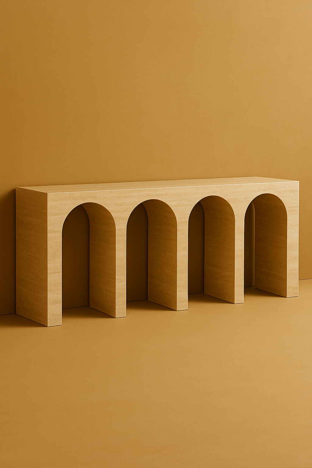Travertine stone console bench with arches on a matching brown background