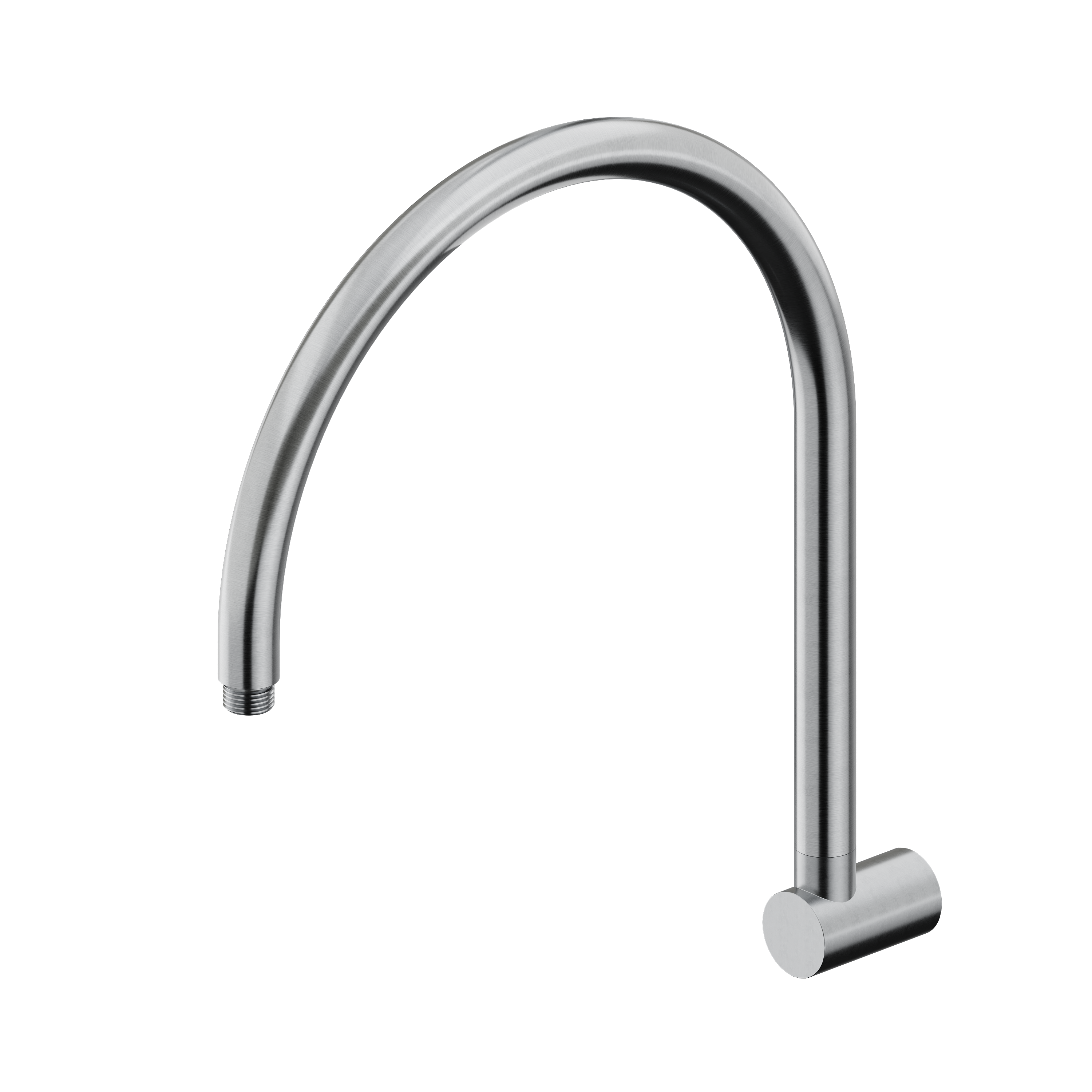 Brushed Nickel arch shower arm on a white background