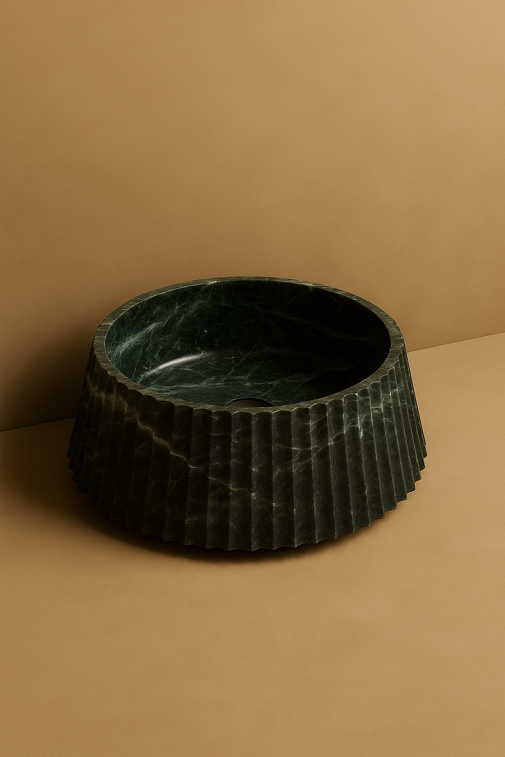 Green marble basin on a brown background