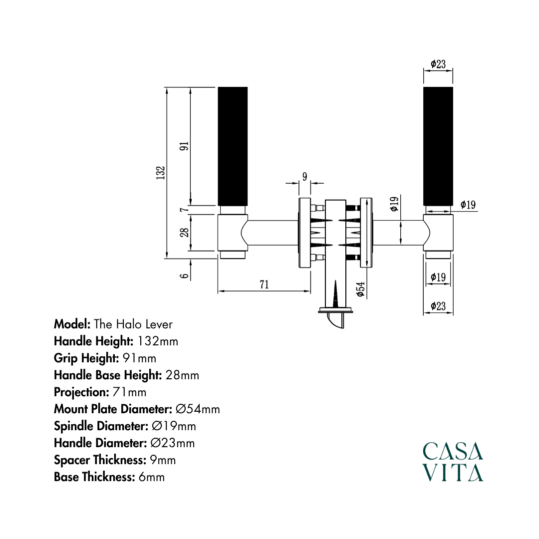 Technical drawing of a door handle lever