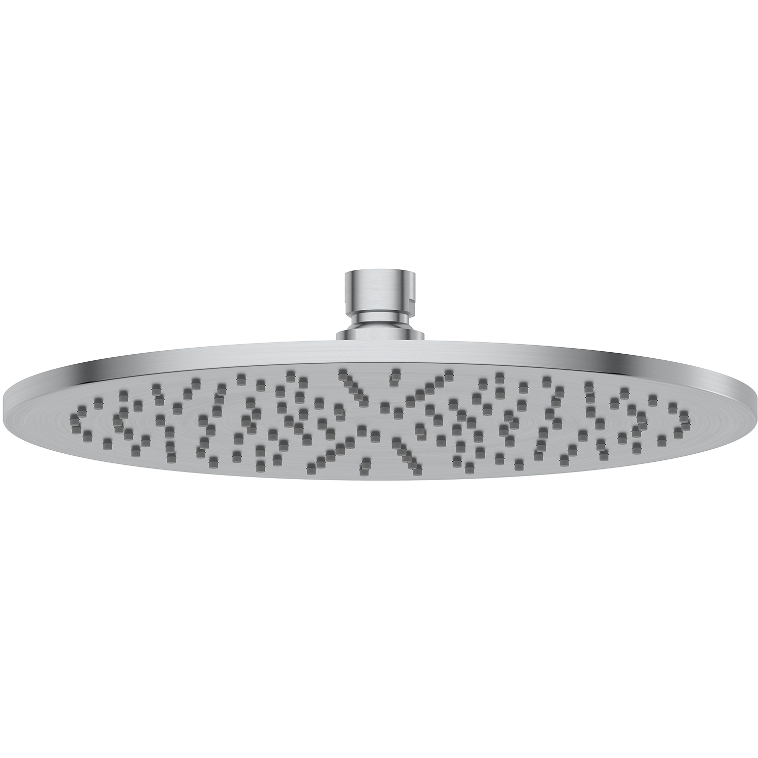 Brushed Nickel shower head on a white background