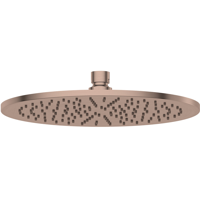 Rose gold shower head with textured surface on a white background