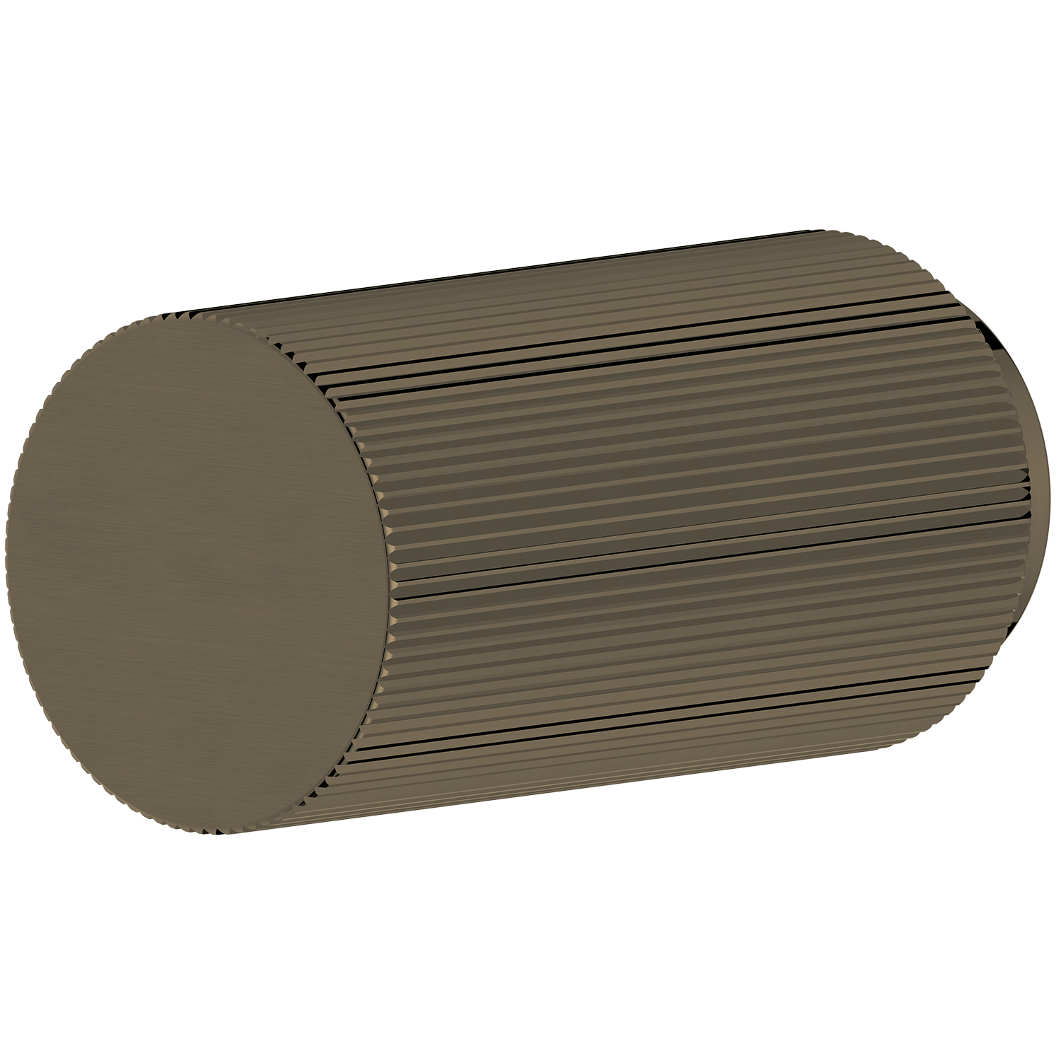 Antique brass cylindrical door knob object with ribbed texture on a white background