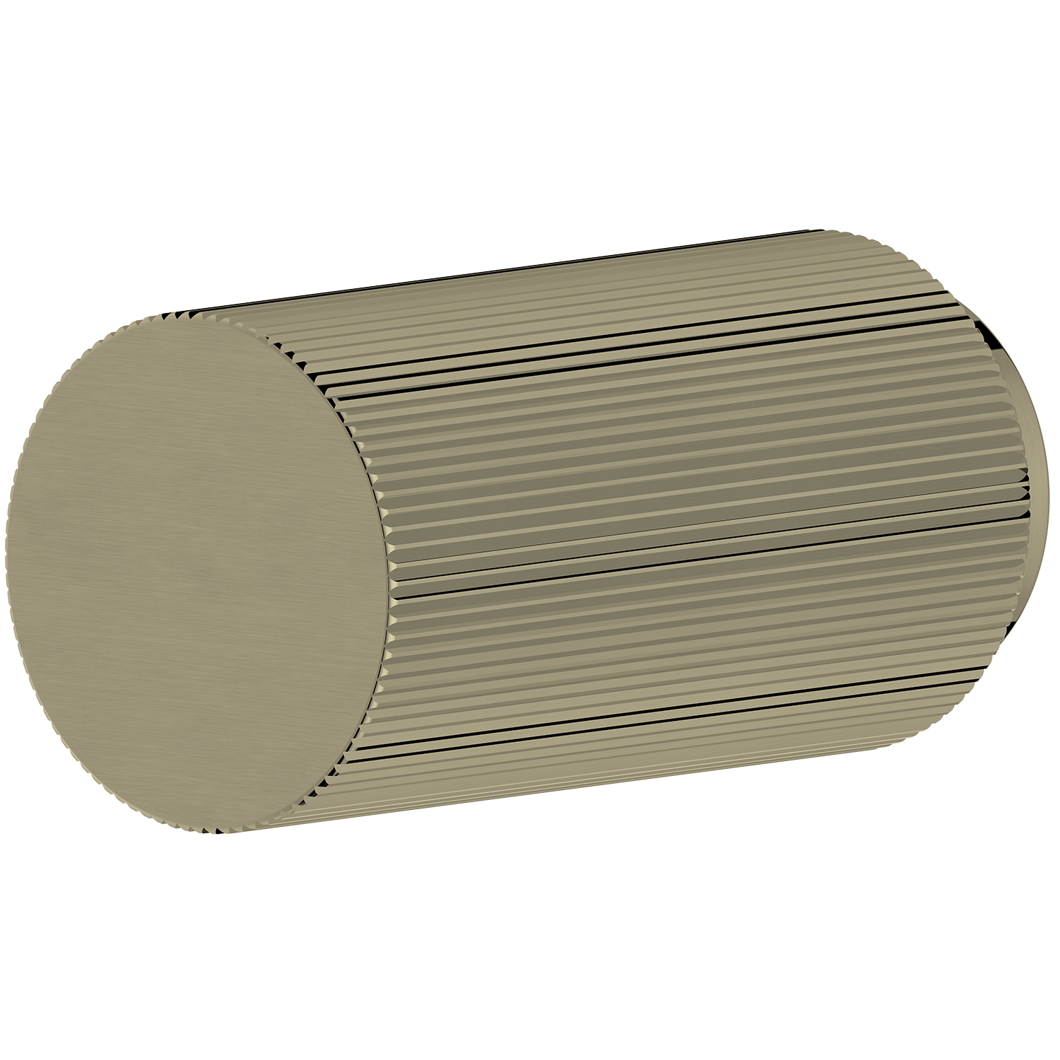 Brushed gold cylindrical door knob object with ribbed texture on a white background