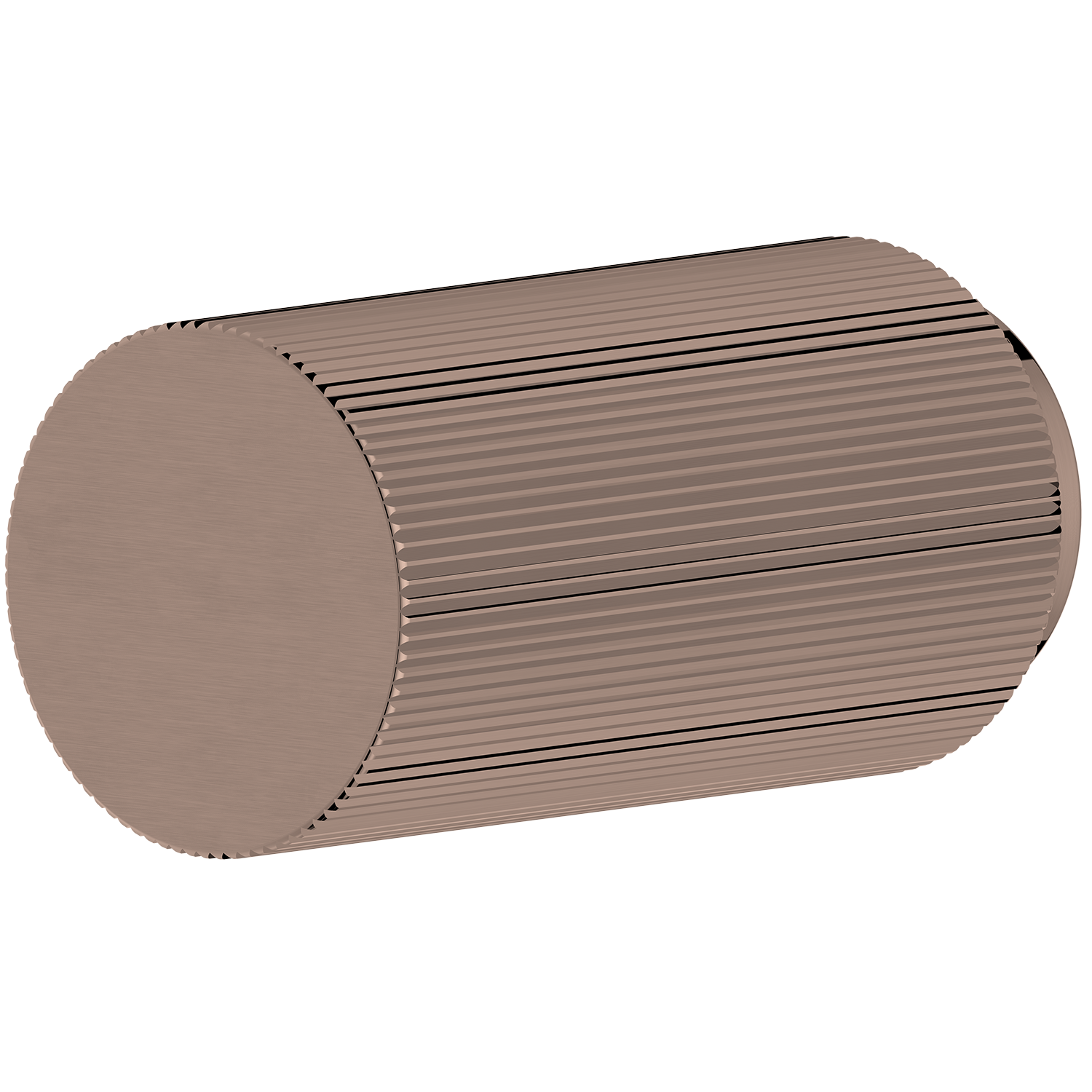 Rose gold cylindrical door knob object with ribbed texture on a white background